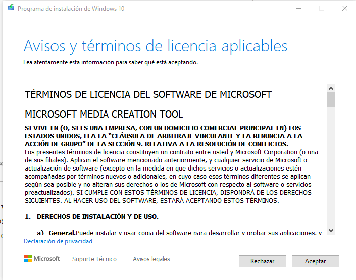 Aceptar Términos para Descargar Windows 10