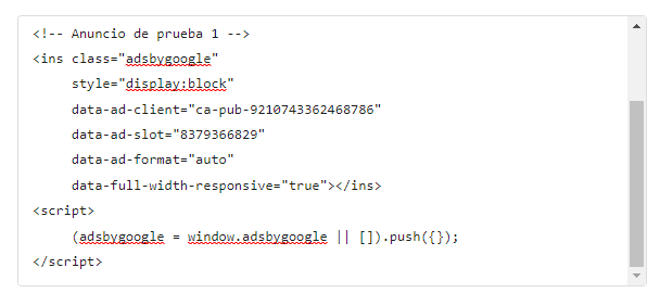 Colocar Código de Bloque de anuncio Adsense en página o entrada de WordPress