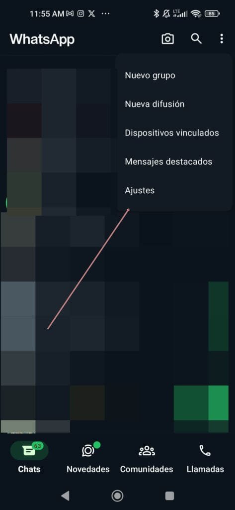 Opción de Ajustes de Whatsapp