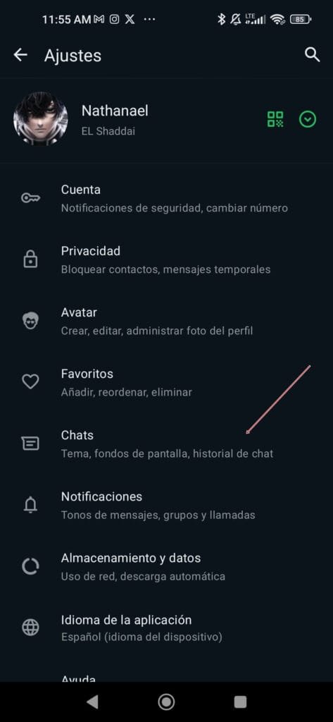 Interfaz de Ajustes de Whatsapp