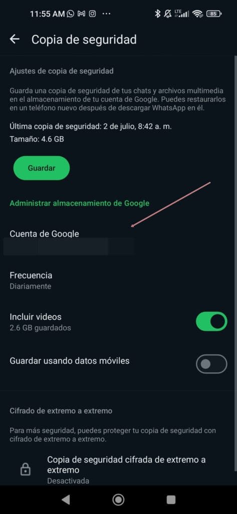 Opción de Copia de Seguridad de Whatsapp